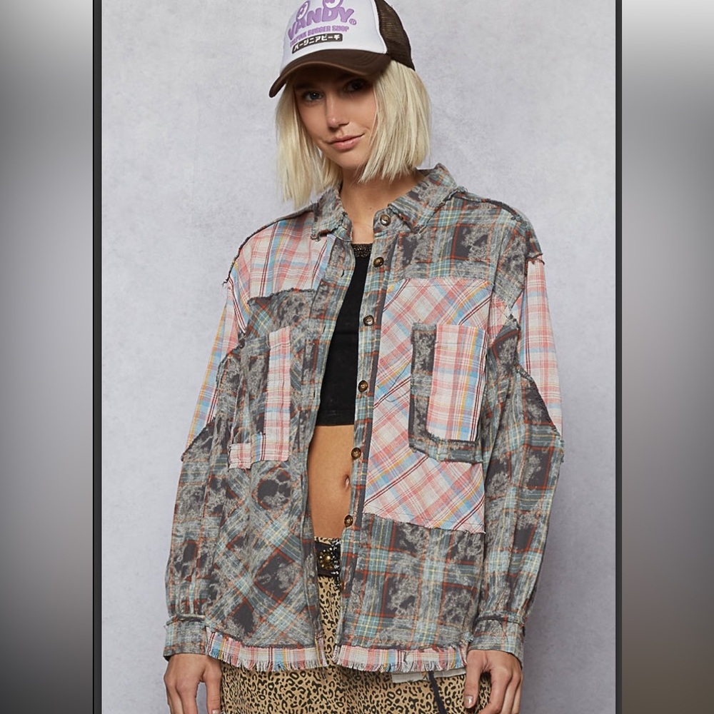 POL Plaid Patchwork Oversized Jacket in Pink, Blue, Gray
